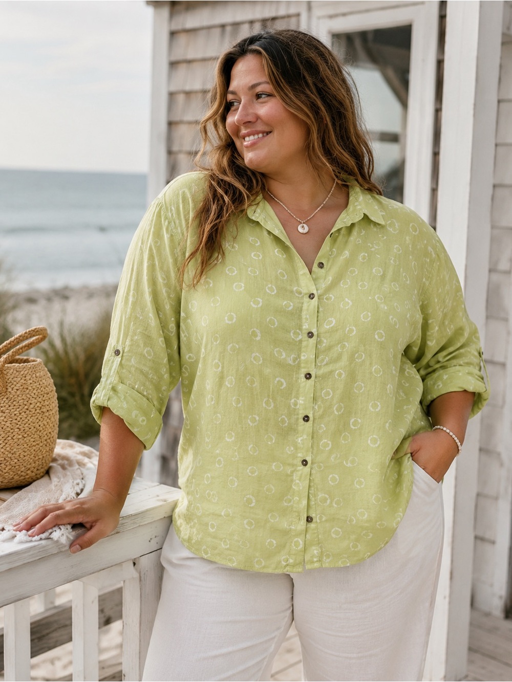 Chico's Green White Circles Linen Cotton Button-Up Top 3(XL) Resortwear Coastal